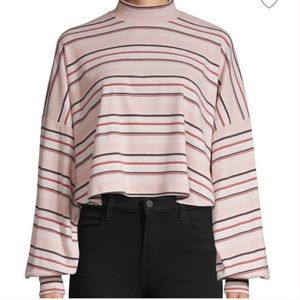 NEW Free People STEPH striped mock neck balloon sleeve top Sz S grey pink